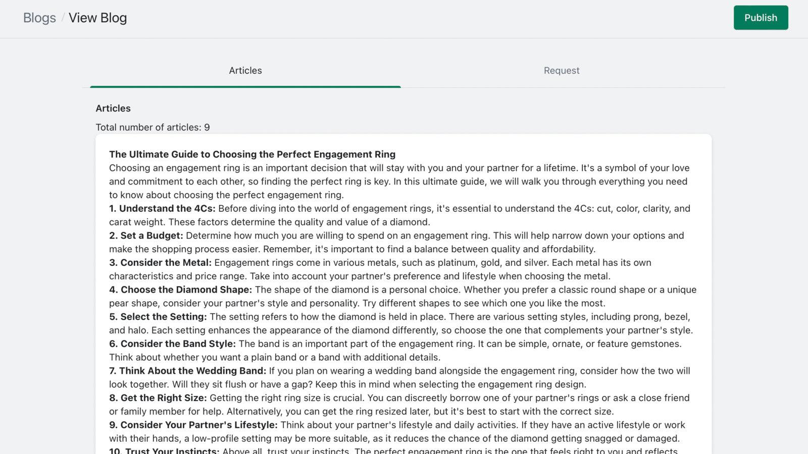 App dashboard- publishing 9 AI created articles at once