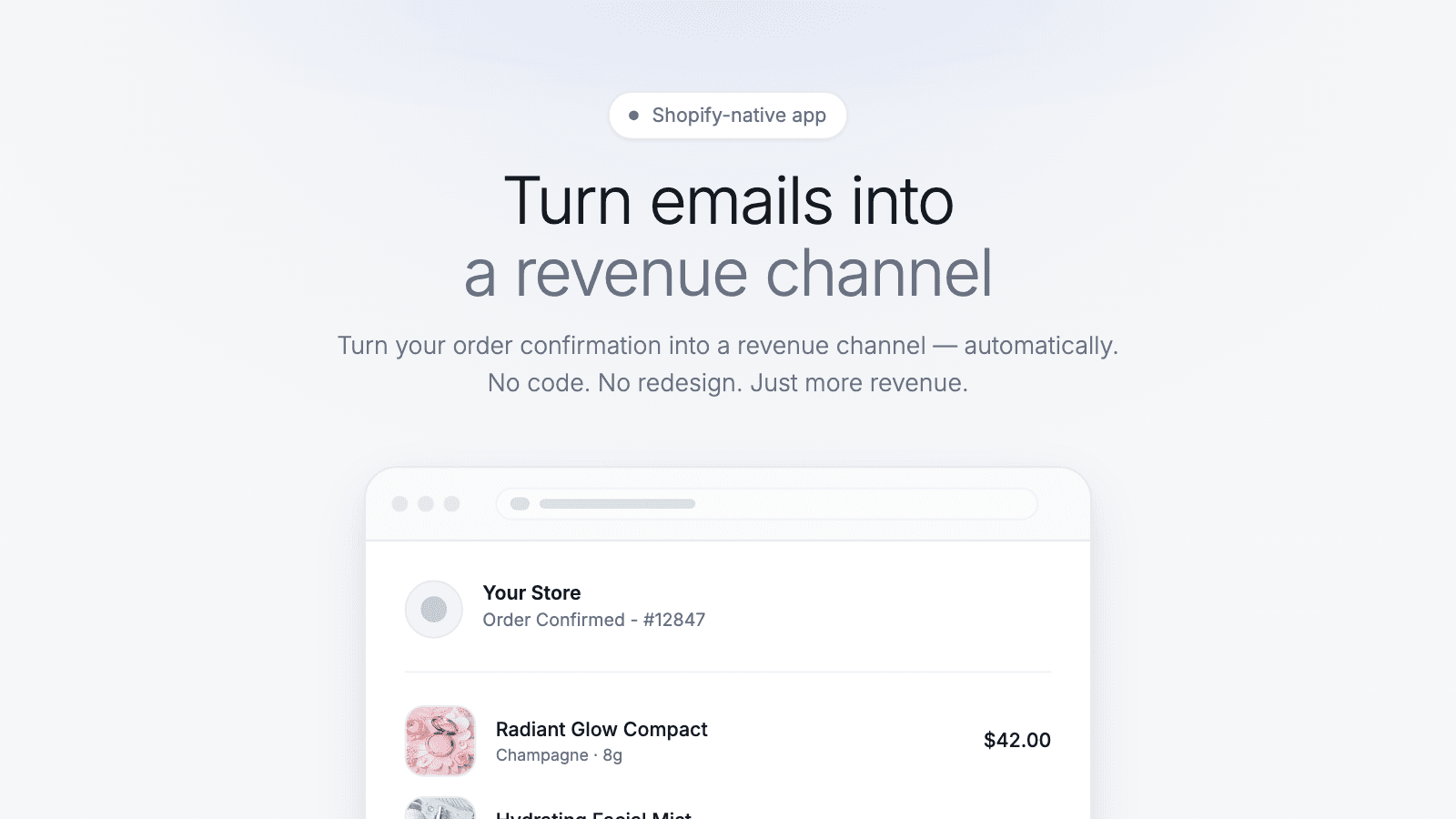 Upsell inside order emails. No code needed.