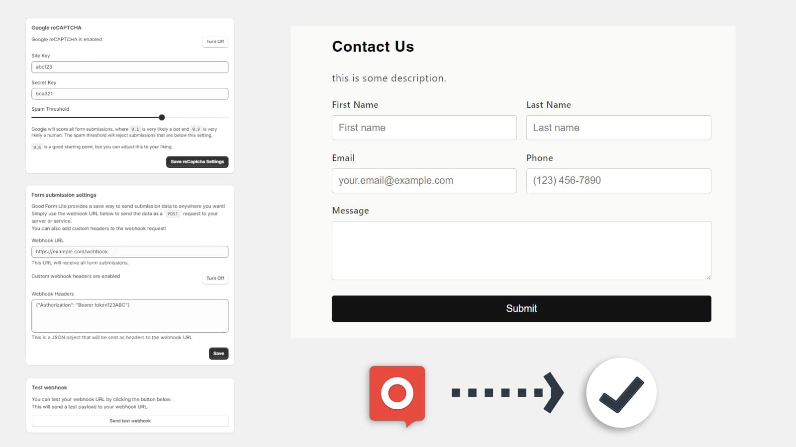 goodform lite main settings and form output