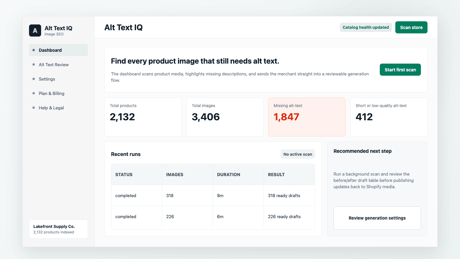 Alt Text IQ dashboard showing missing and weak alt text