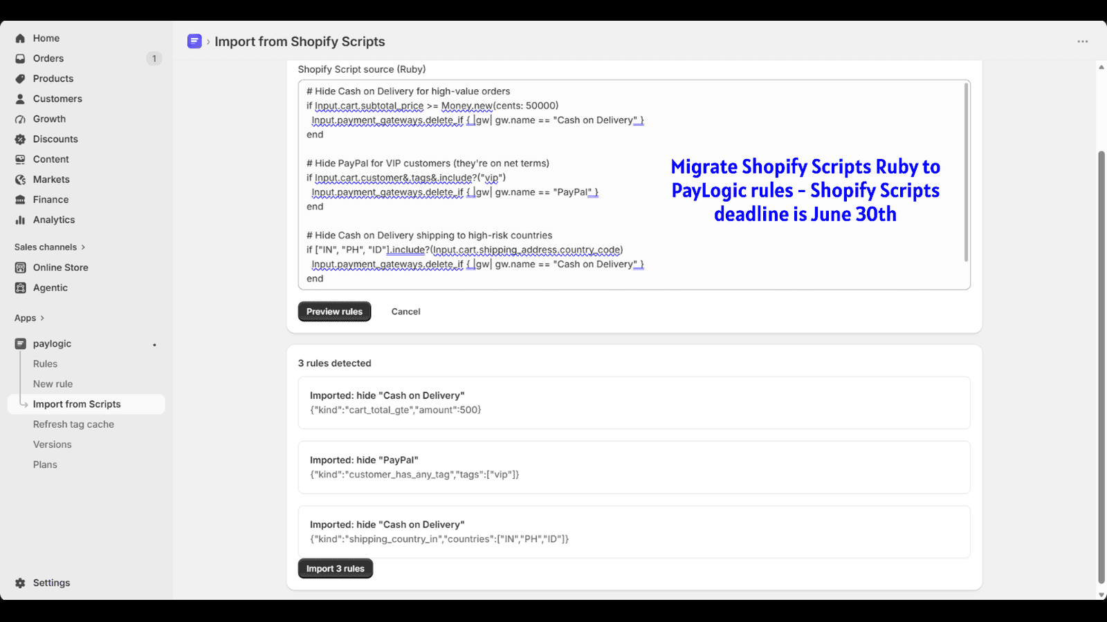 Shopify Scripts importer — paste Ruby, get visual rules