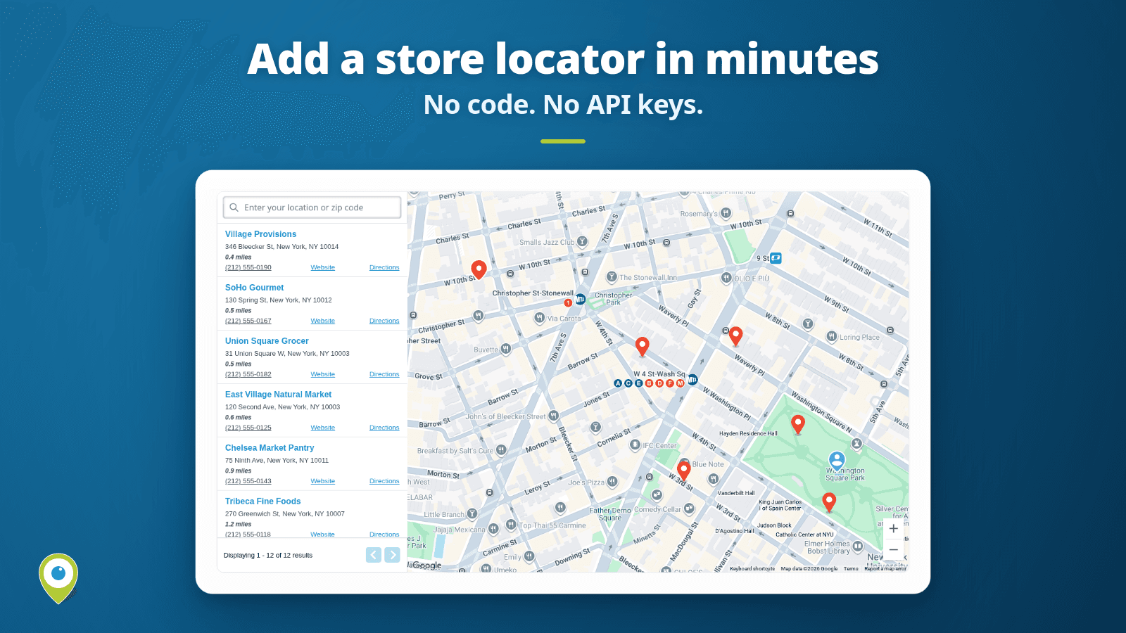 Prolo store locator with nearby shops list and map pins