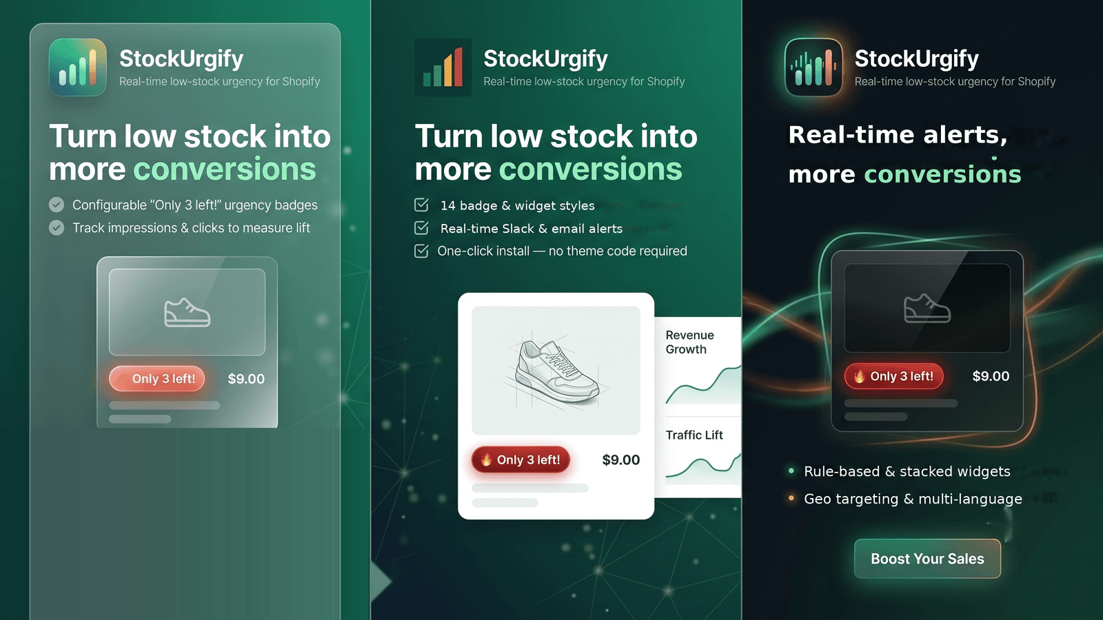 StockUrgify "Only 3 left!" badge on a Shopify product page