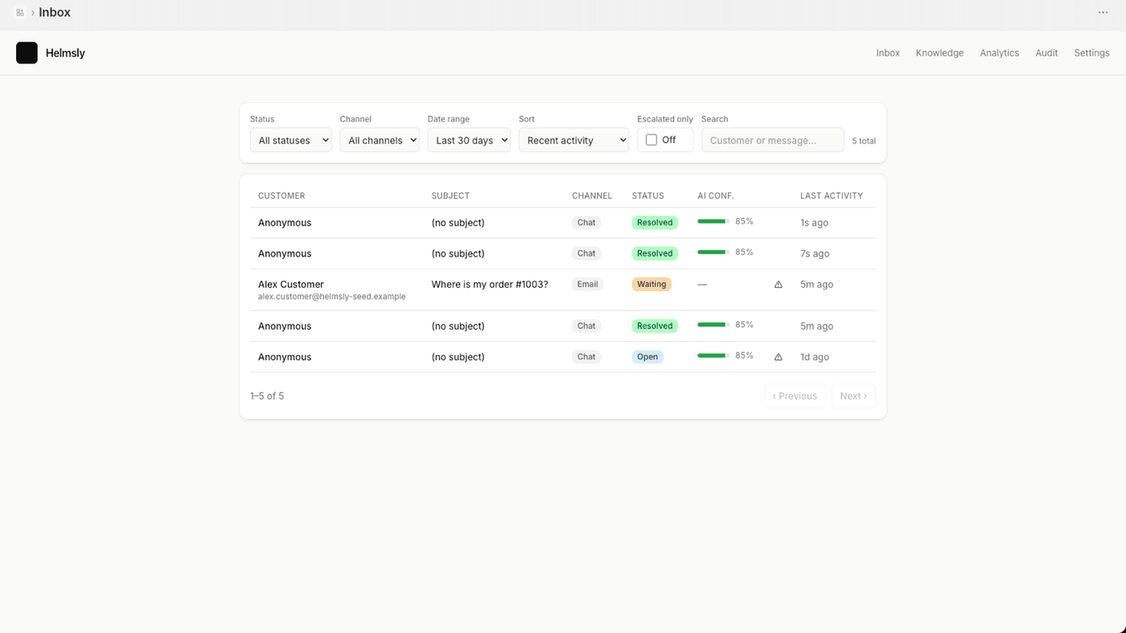 Helmsly merchant inbox showing AI-handled customer conversations