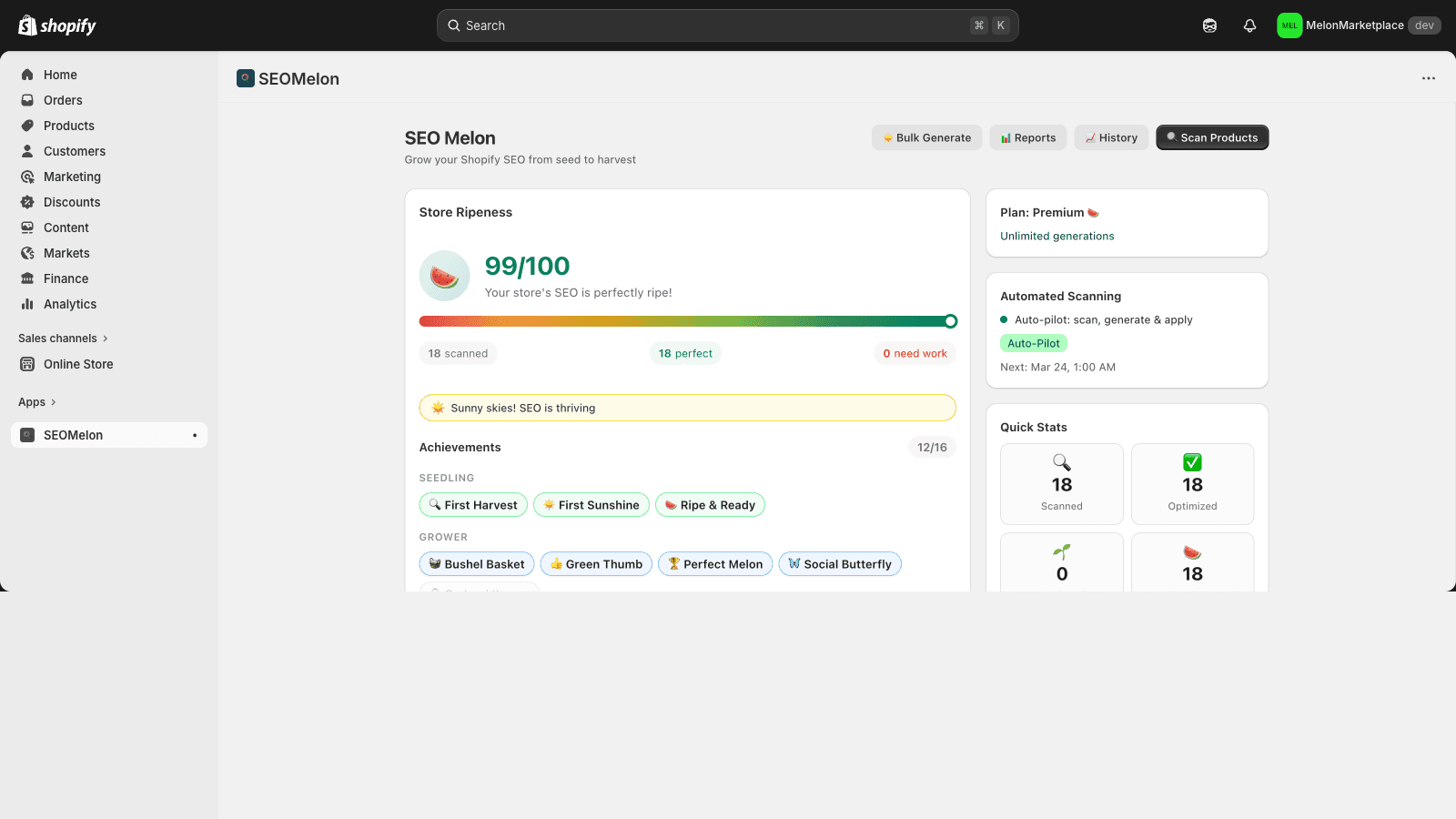 Product detail page showing generated SEO fields and edit contro