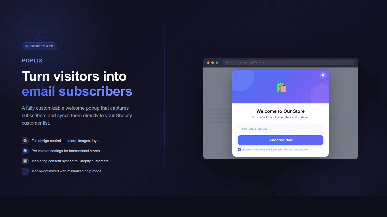 Turn visitors into email subscriberurs + popup mockup in browser