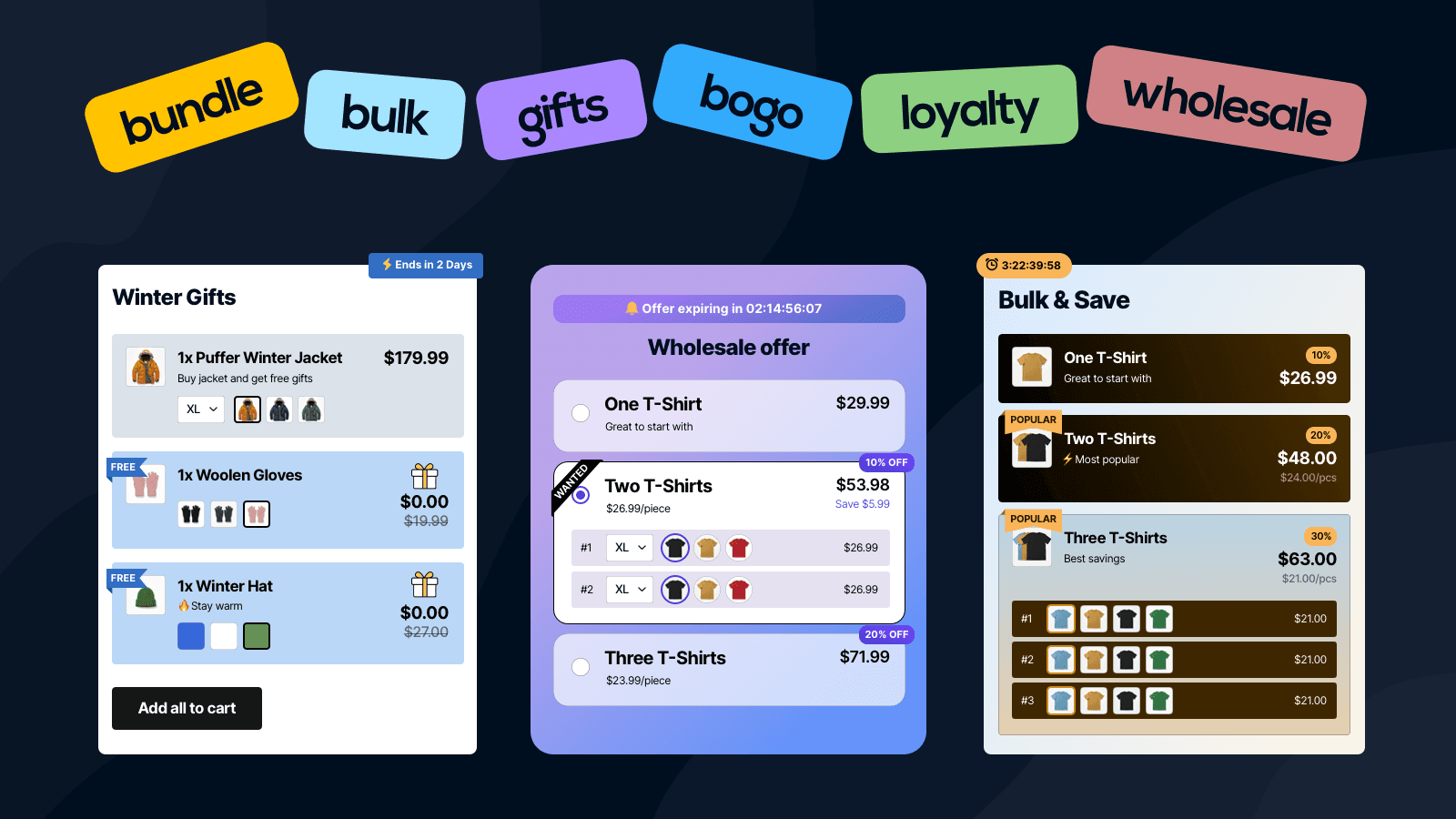 Bundles, BOGO, Gifts, Volume/Wholesale Discounts, Loyalty