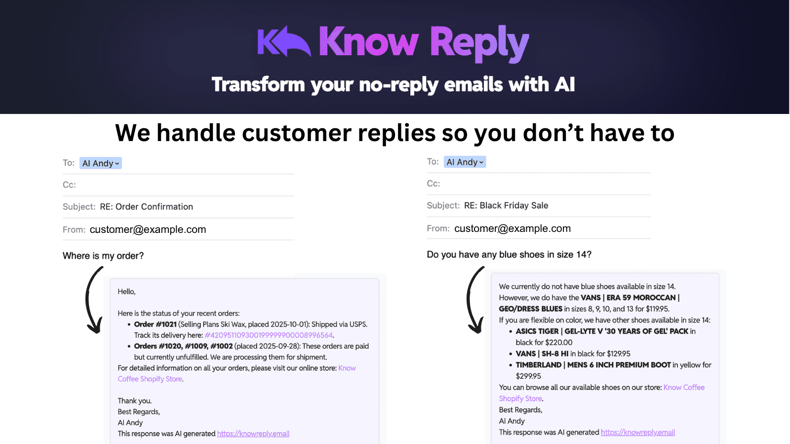 Know Reply AI replies to customer emails with order info
