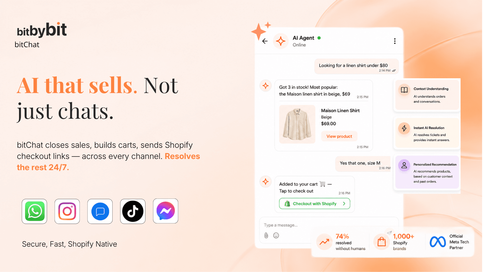 bitChat AI sales agent sells across Live Chat, WhatsApp, socials