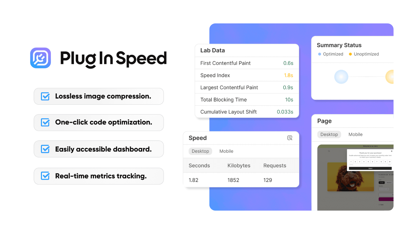 List of features available in Plug in Speed, store optimizer.