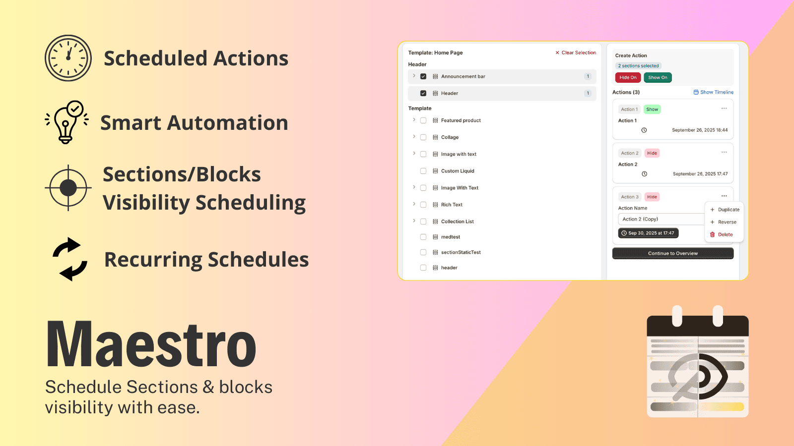 Schedule Sections and blocks visibility campaigns to show/Hide