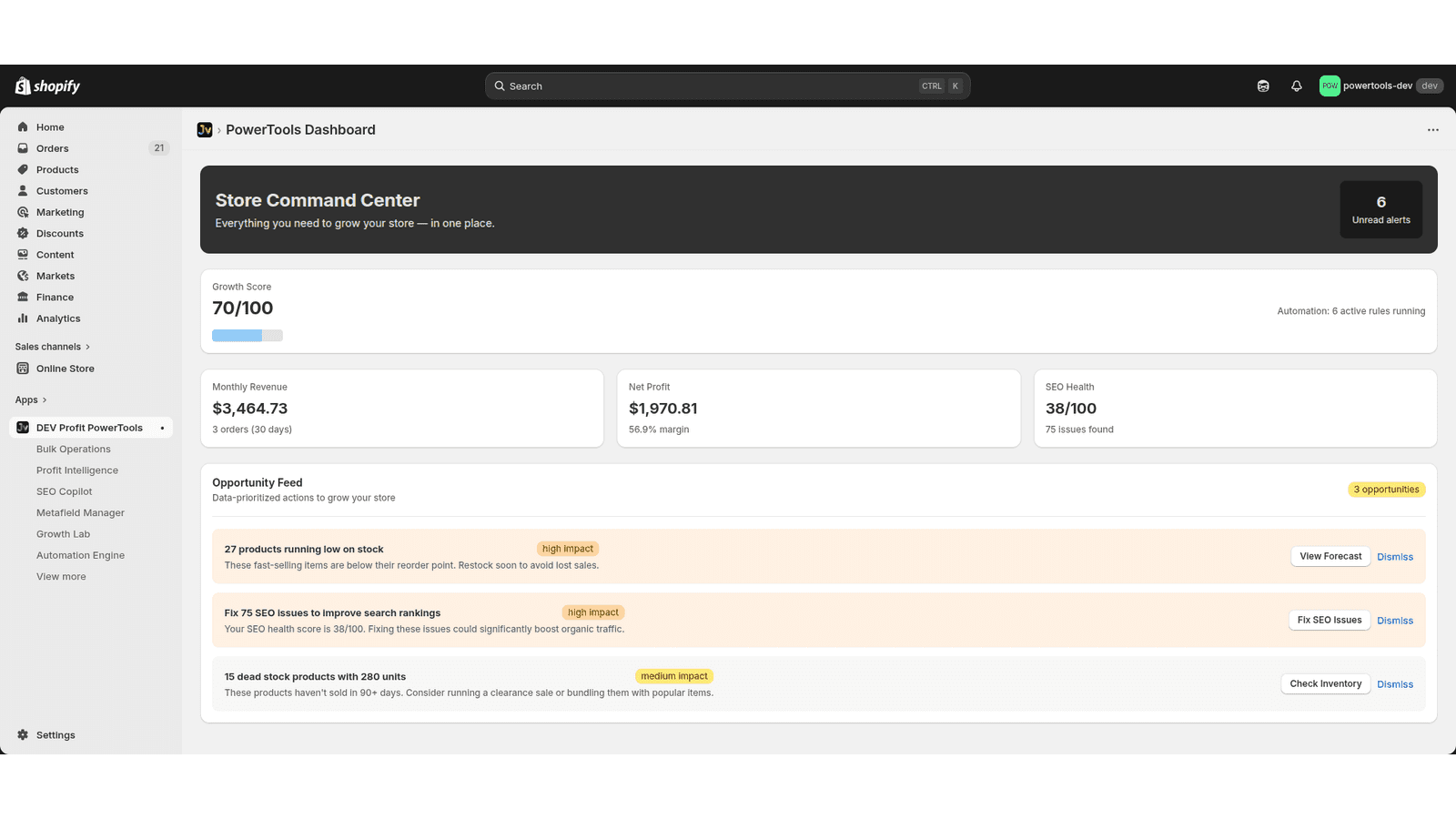 TheCommand Center shows your growth score, revenue, profit