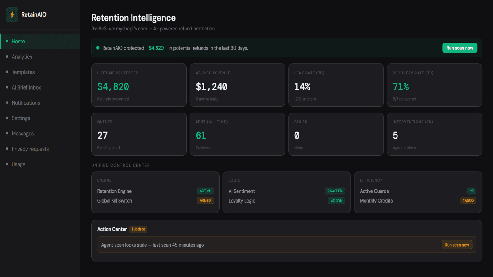 AI agent dashboard with risk scores and live leak detections