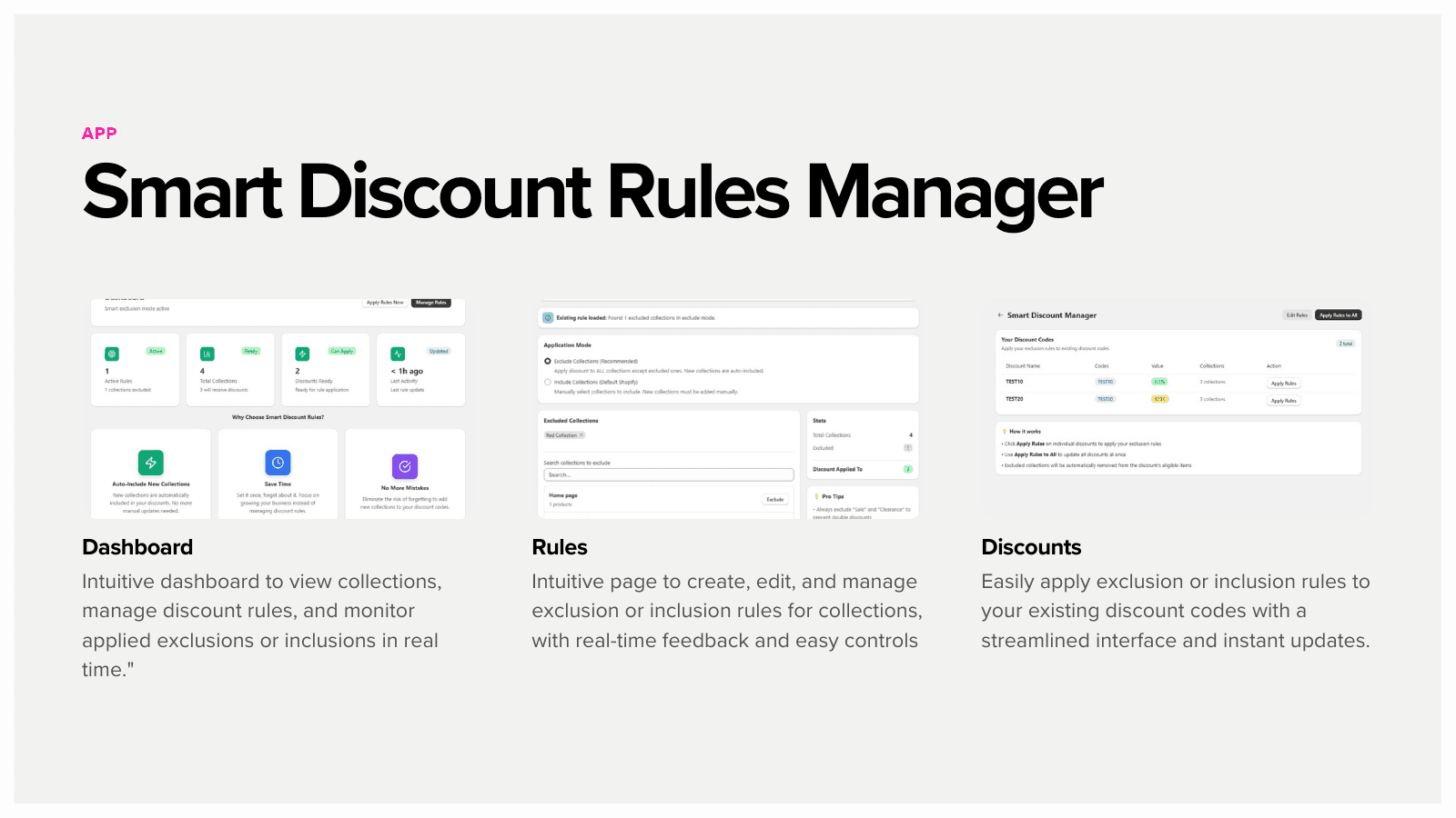 Smart Discount Rules Manager app dashboard, rules configuration