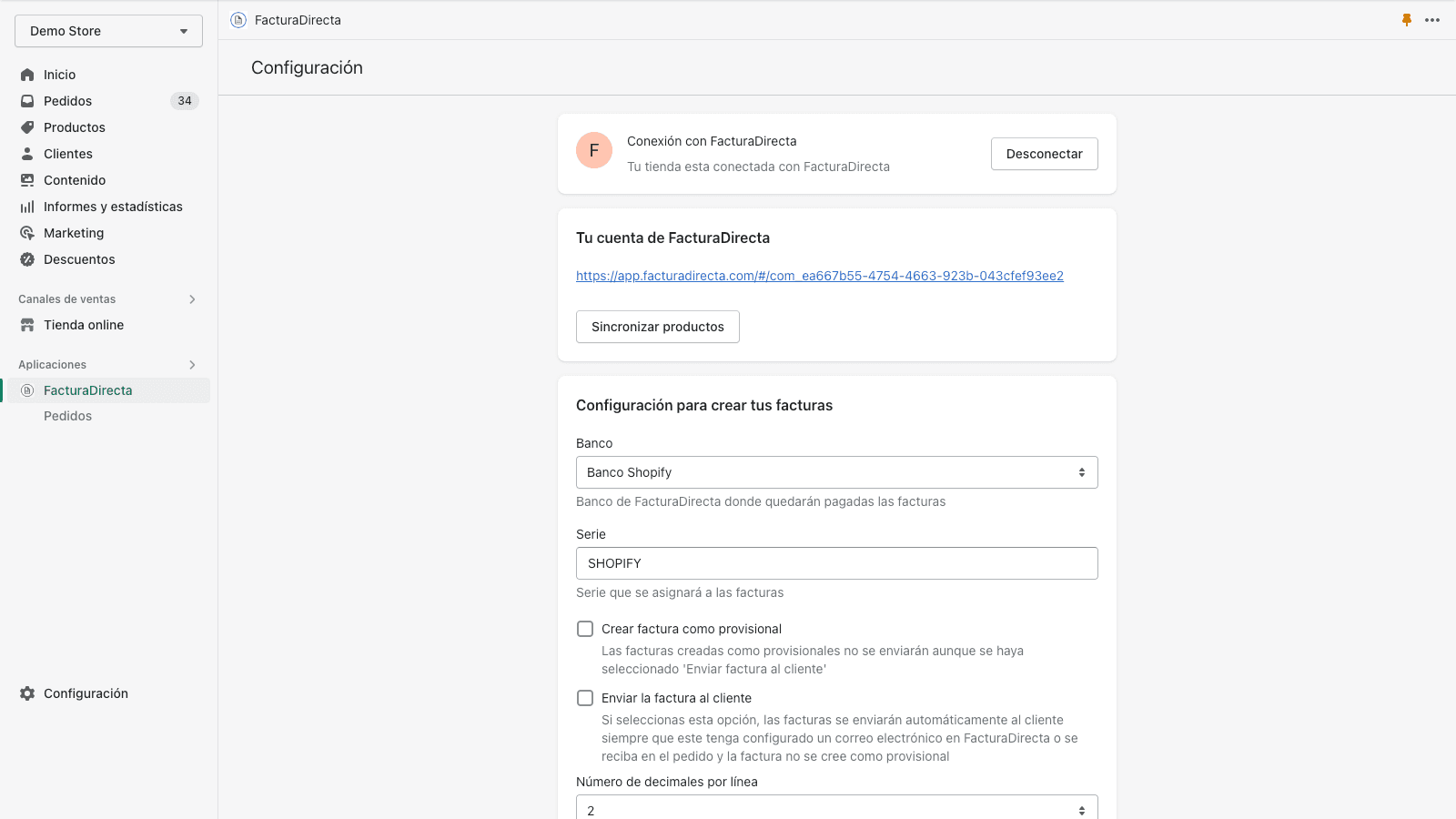Configuración de los parámetros de creación de facturas