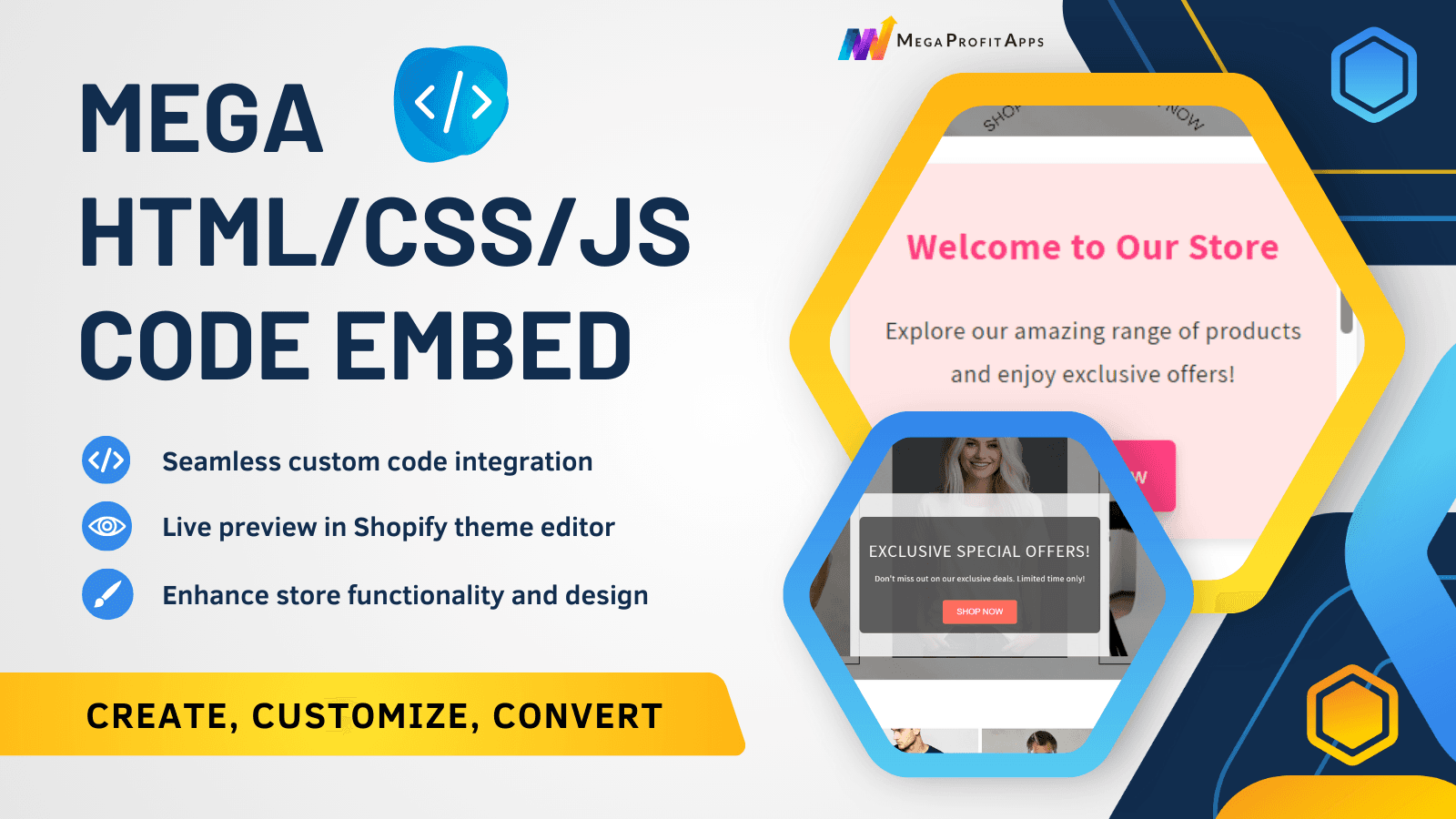 Mega HTML/CSS/JS Code Embed app in Shopify theme editor