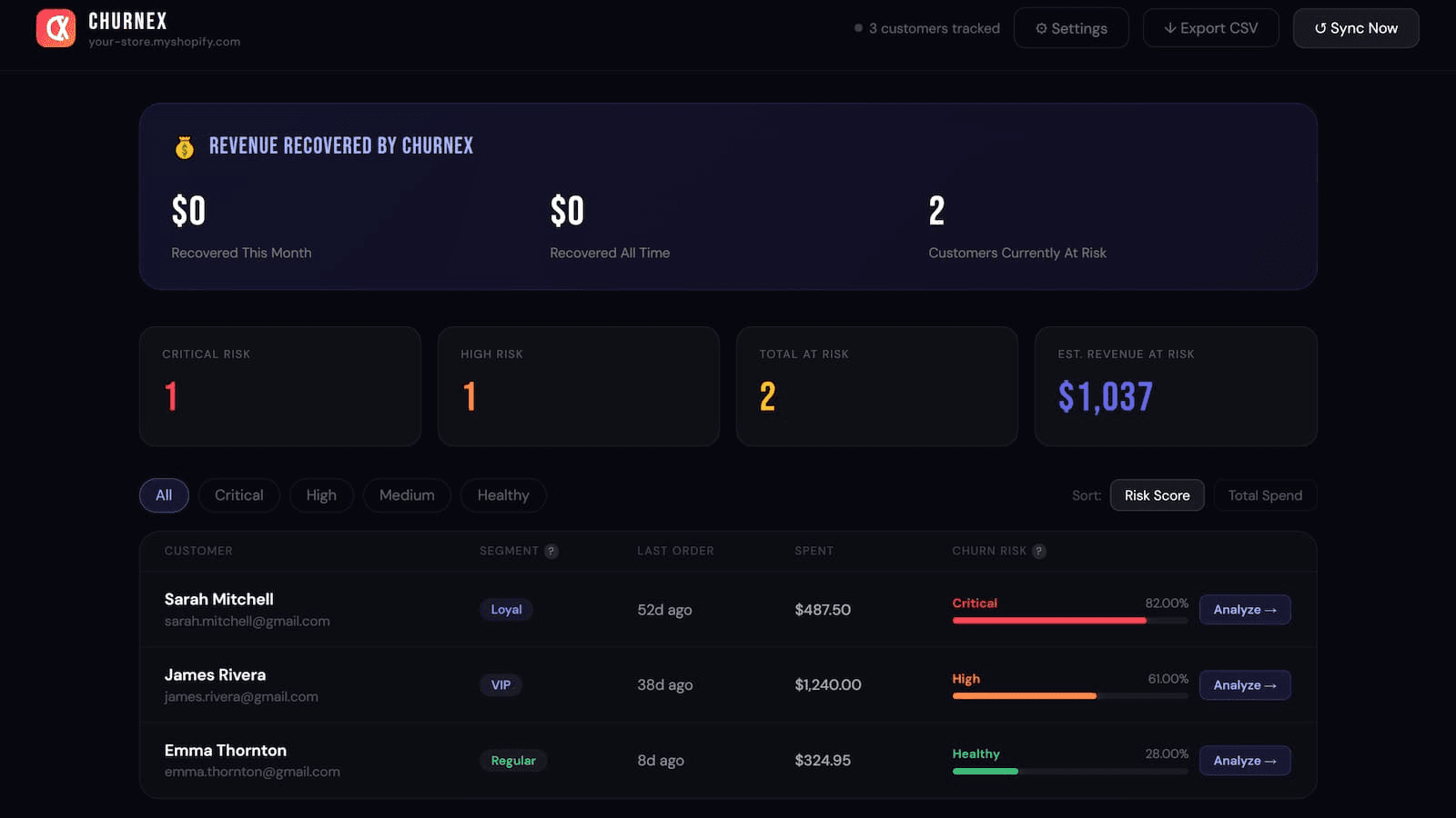 ChurnEx dashboard with customer churn risk scores