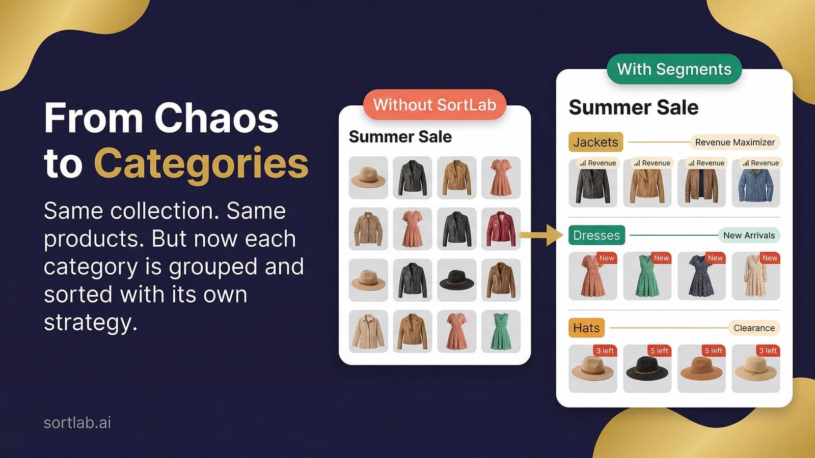 Summer Sale split into Jackets, Dresses, Hats by AI strategy