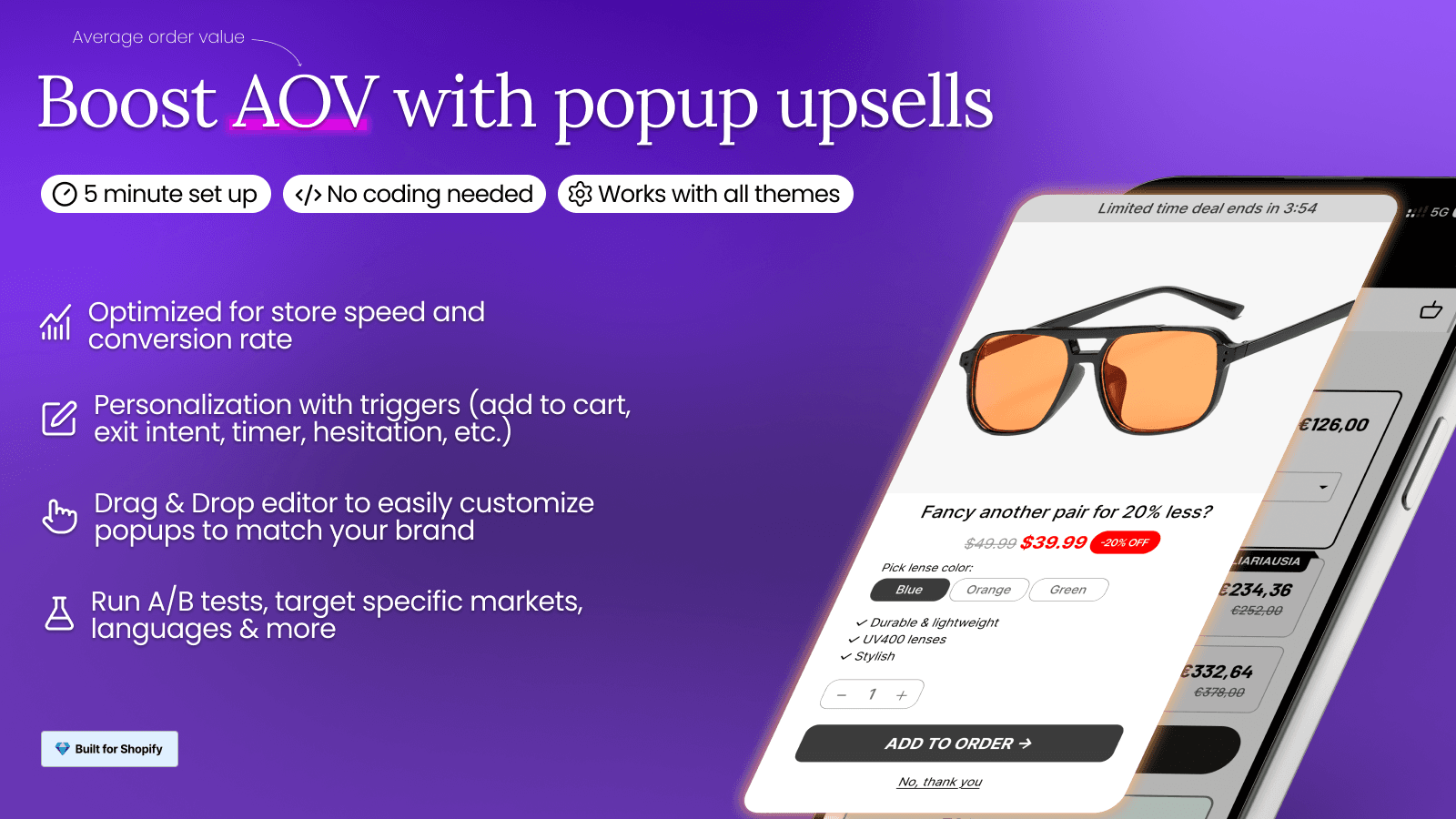 Increase AOV with branded upsell popups, discounts & offers