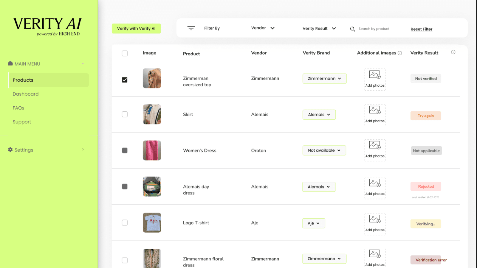 Verity AI product authentication dashboard for Shopify