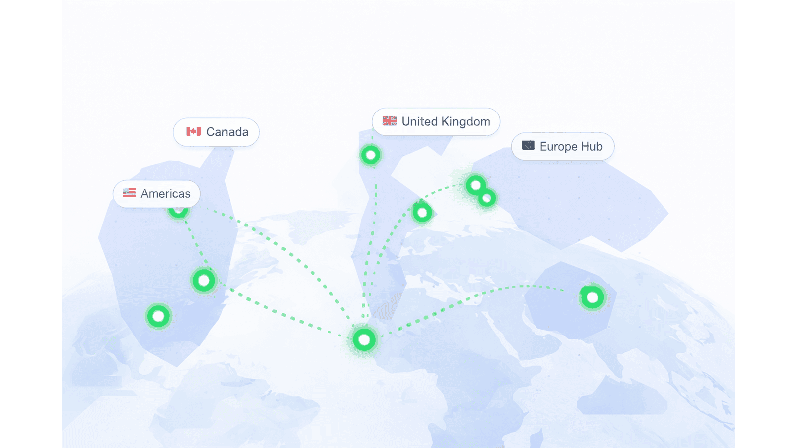 World map with regions linked by green nodes and dotted lines