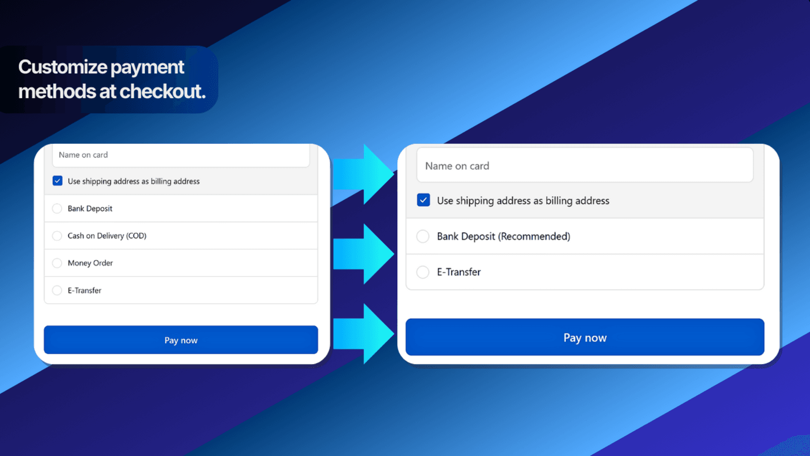 Checkout payment methods before and after customization