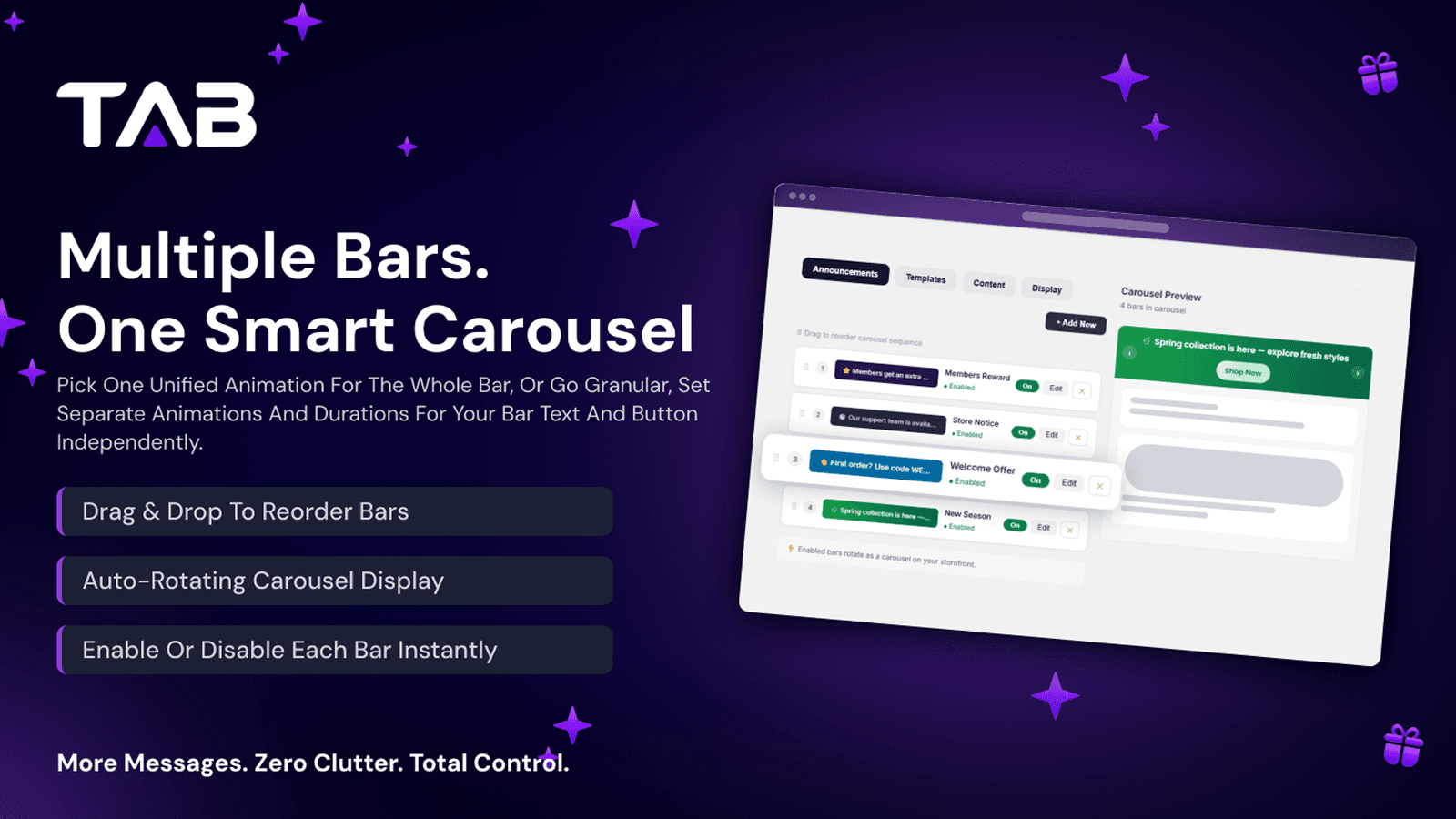 App dashboard rotating carousel settings