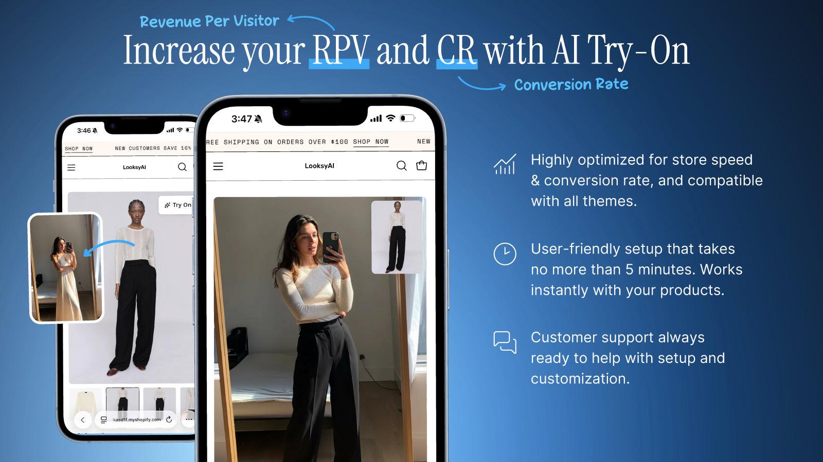 Looksy showing AI virtual try-on on a Shopify store.