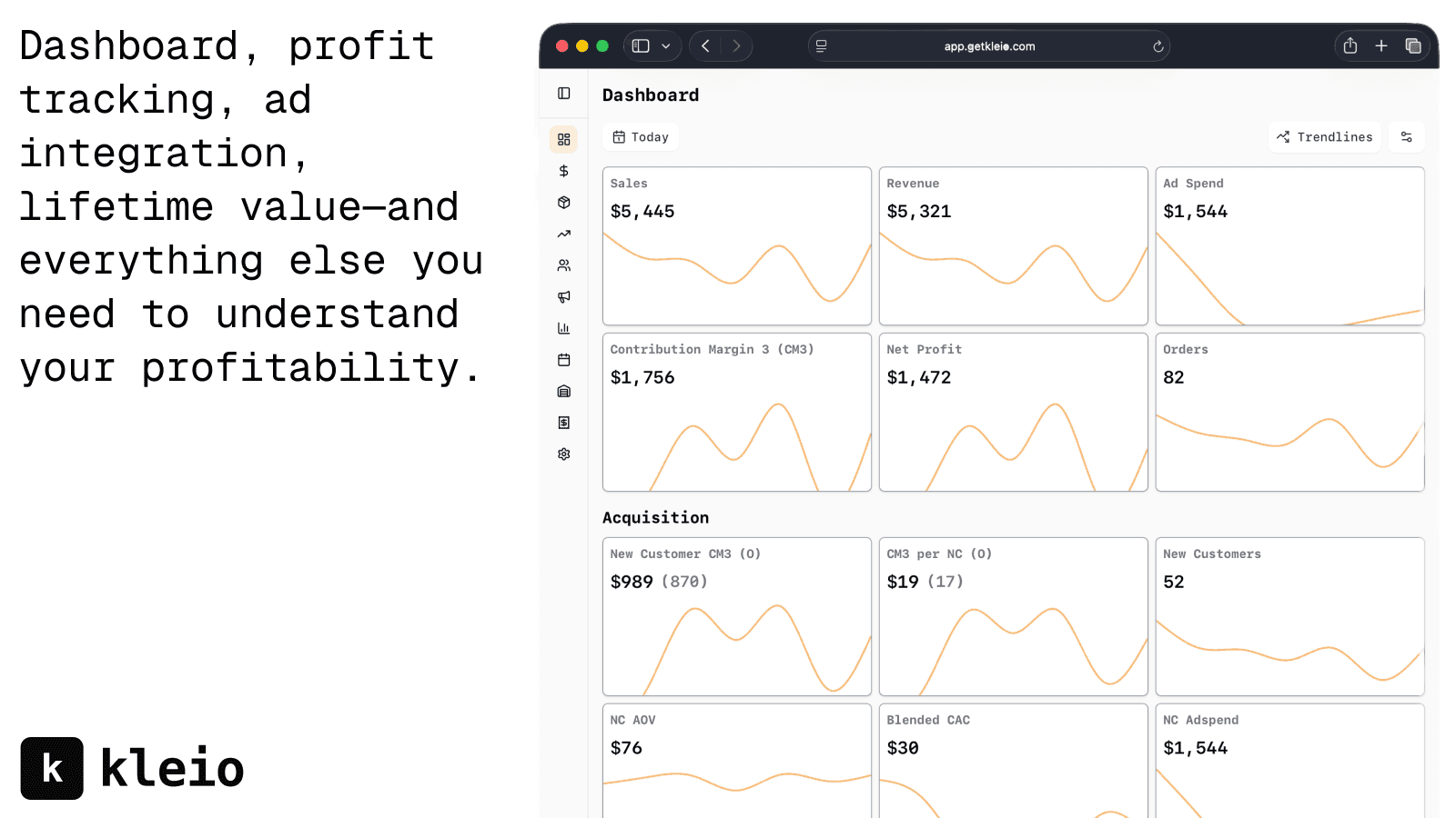 Dashboard, profit tracking, ad integration, lifetime value.