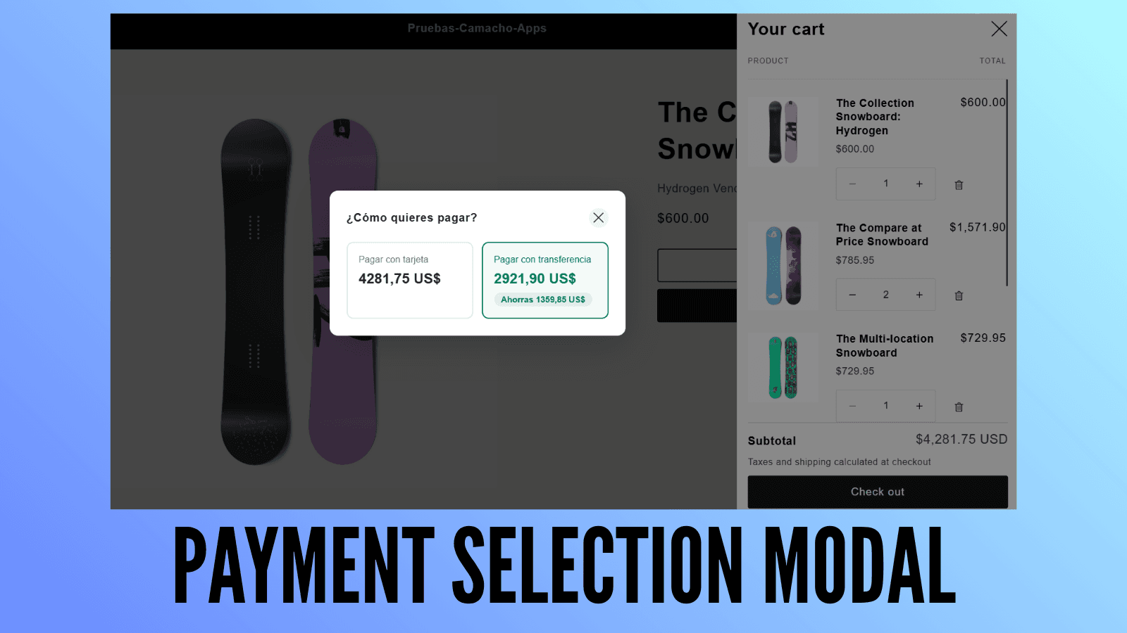 Payment selection modal shown in cart with transfer option