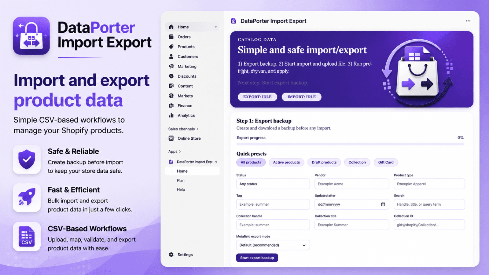 App dashboard showing product import, export, and billing tools