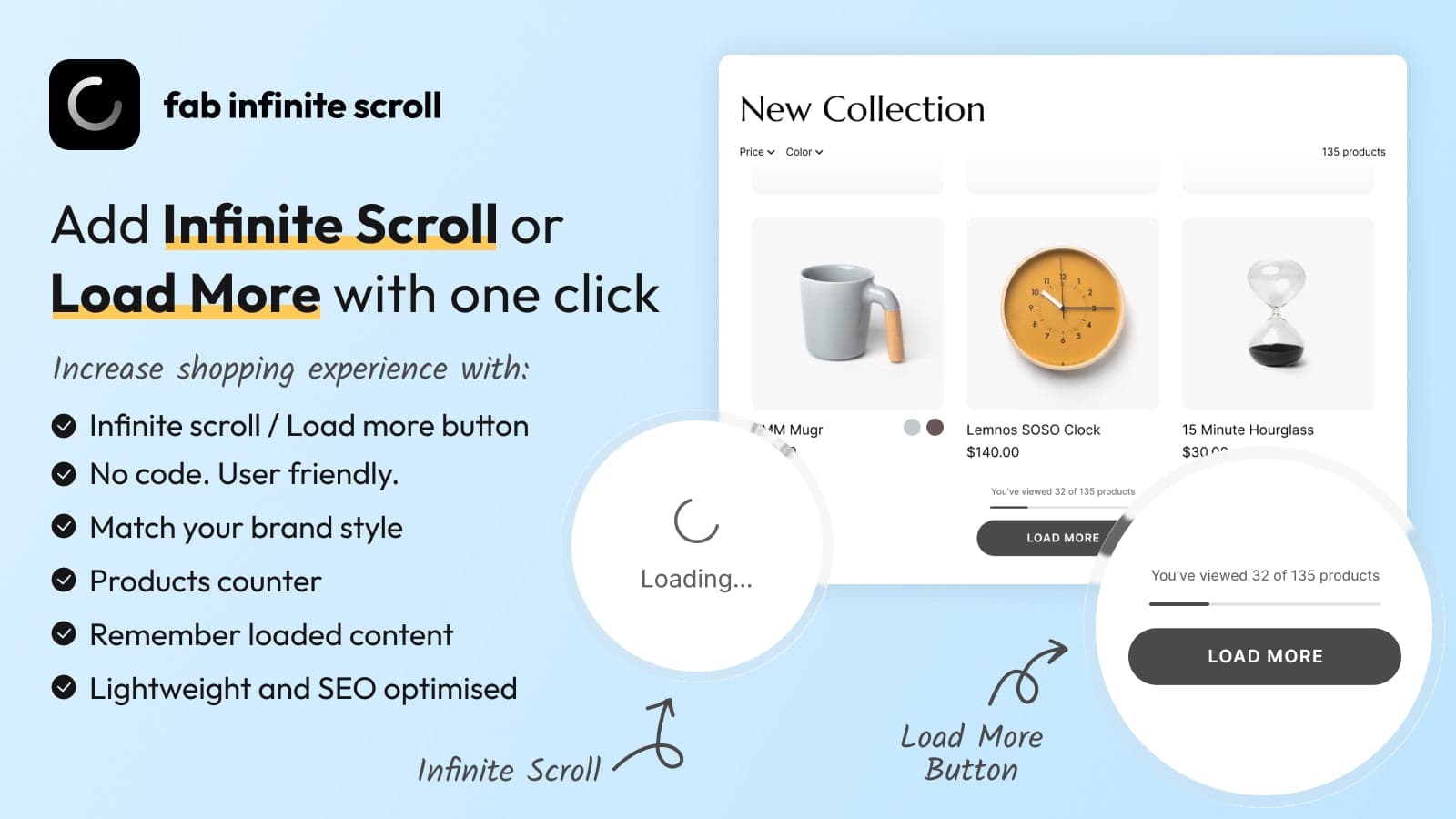 Add Infinite Scroll or
Load More with one click.