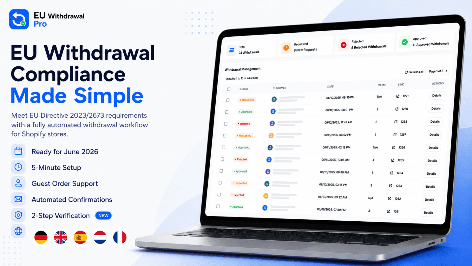 EU withdrawal Button Form dashboard for Shopify stores