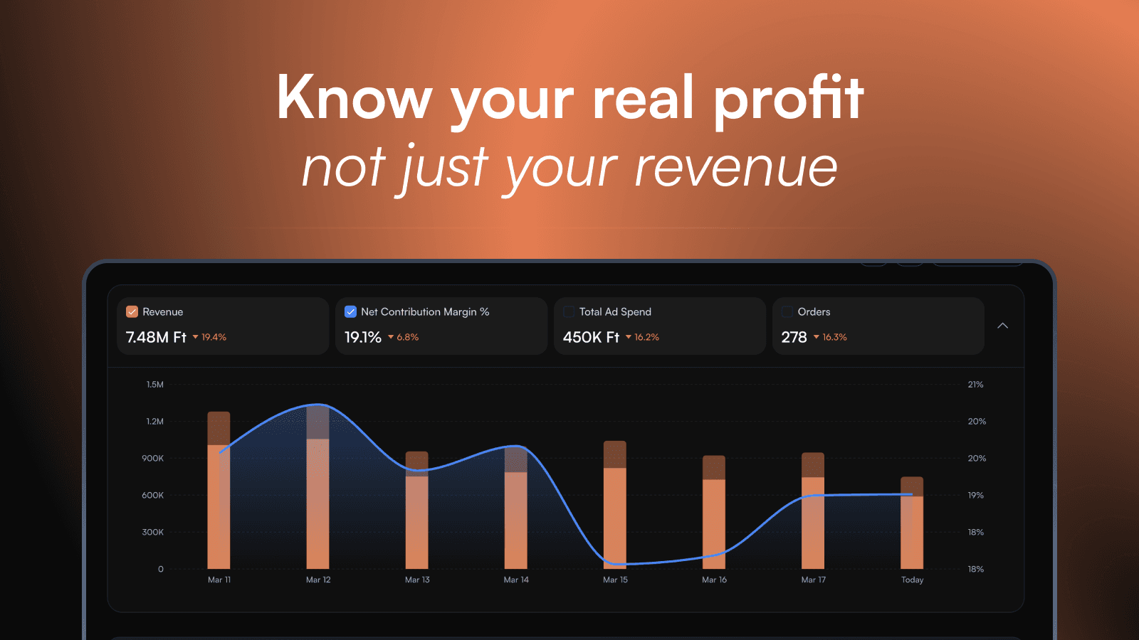 Margyn dashboard with revenue, margin, ad spend and order