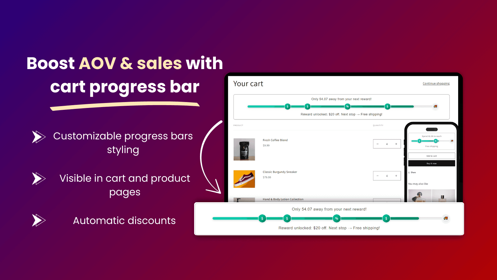 Cart progress bar showing rewards and discounts to boost AOV