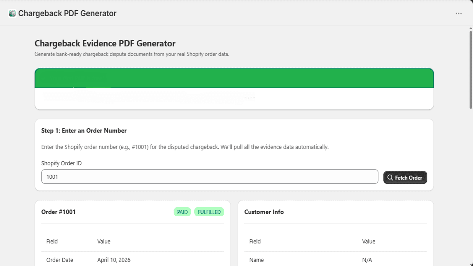 Creates structured chargeback PDFs fast,saving time for merchant
