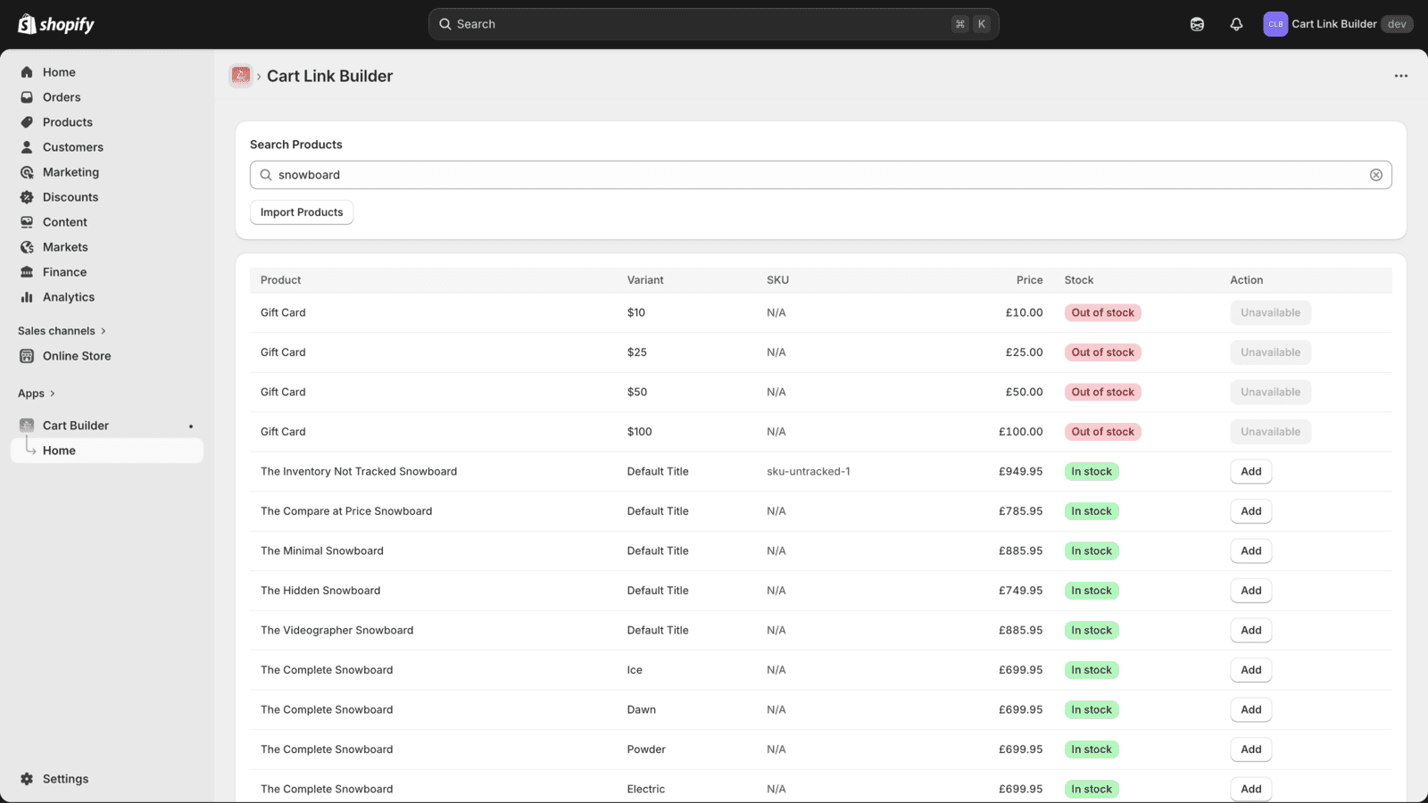 Cart Link Builder app homepage