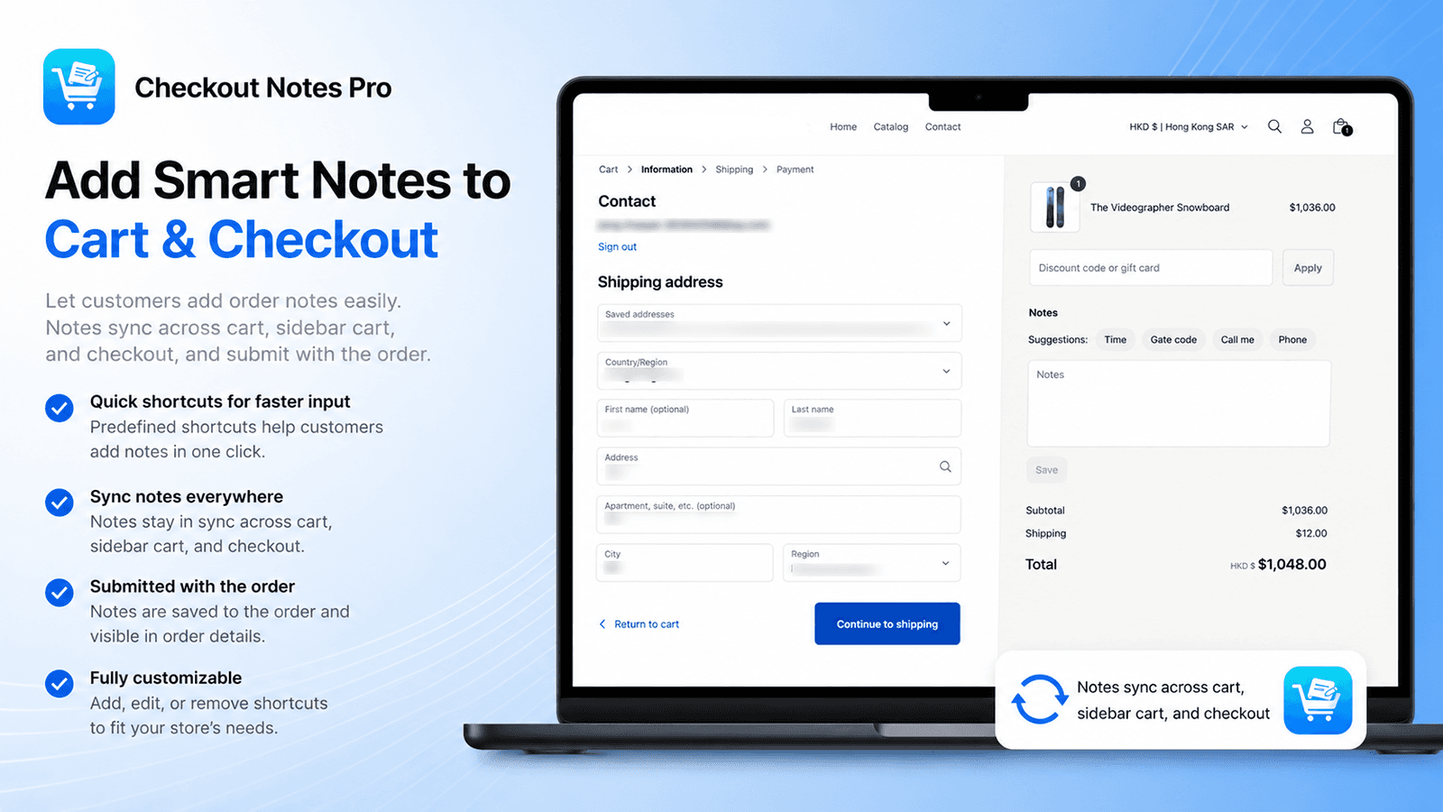 Checkout page with smart note shortcuts for customers