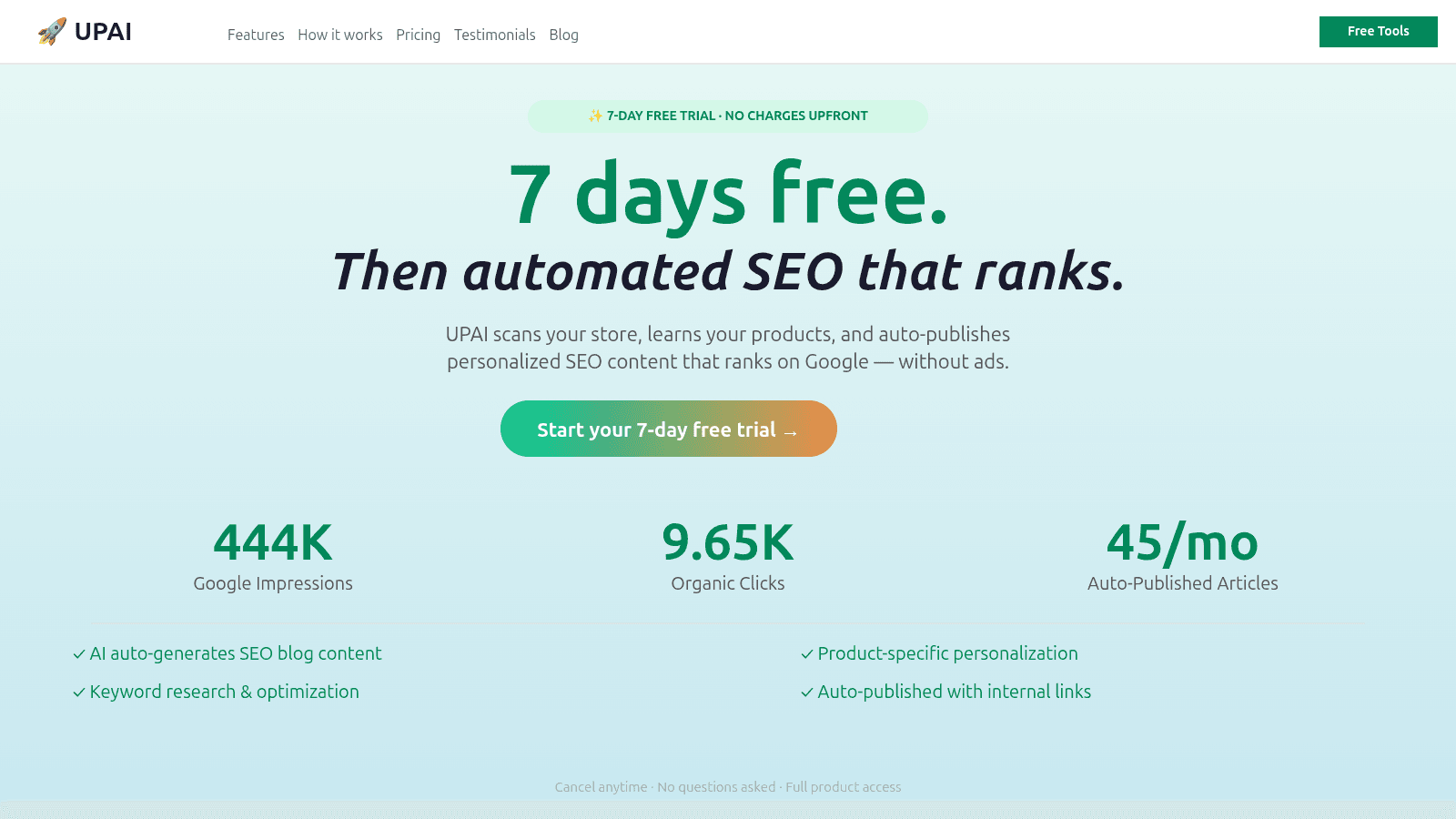 UPAI SEO app: 7-day free trial, 444K impressions, 9.65K clicks