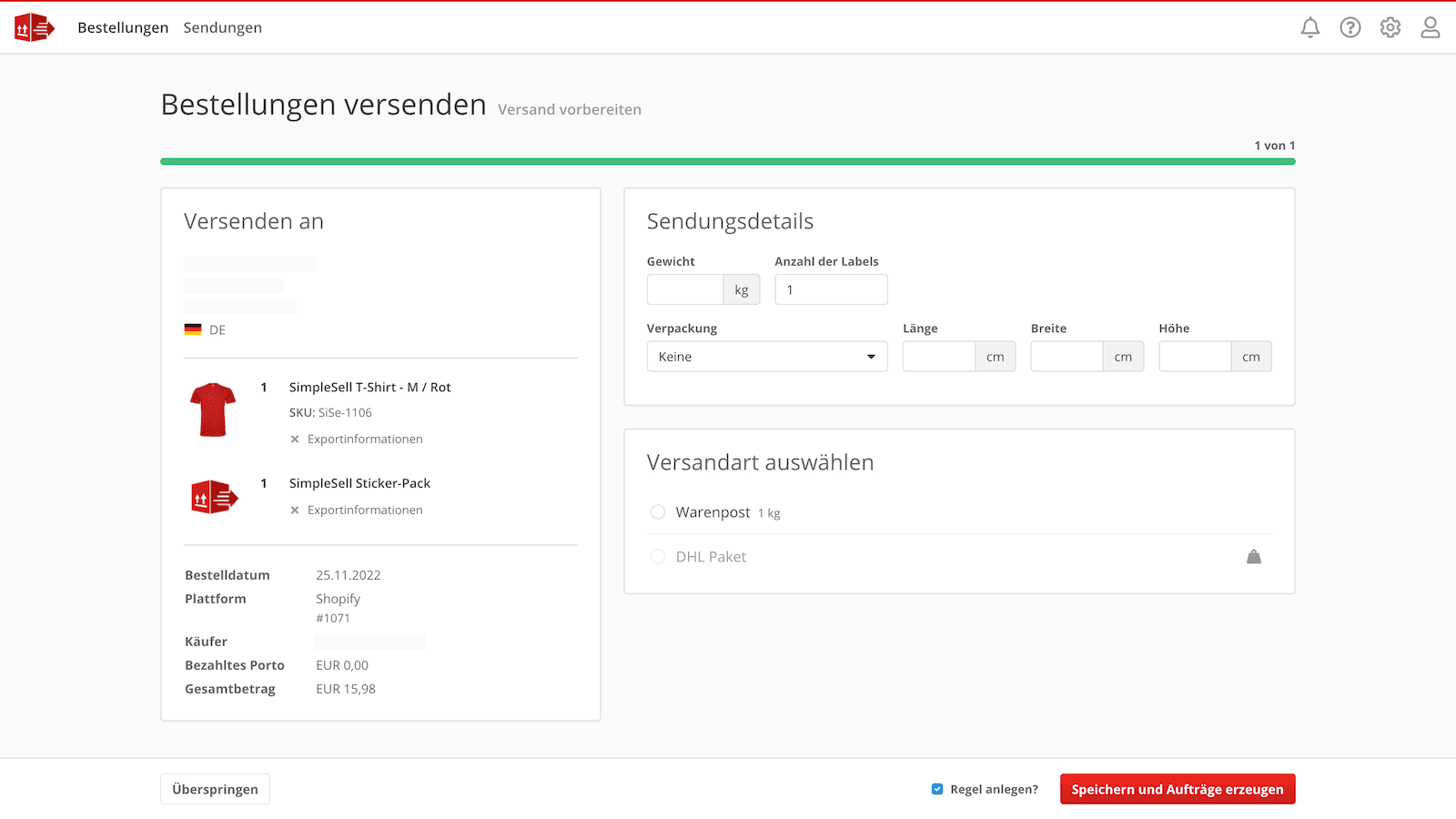 Versandetiketten drucken mit SimpleSell