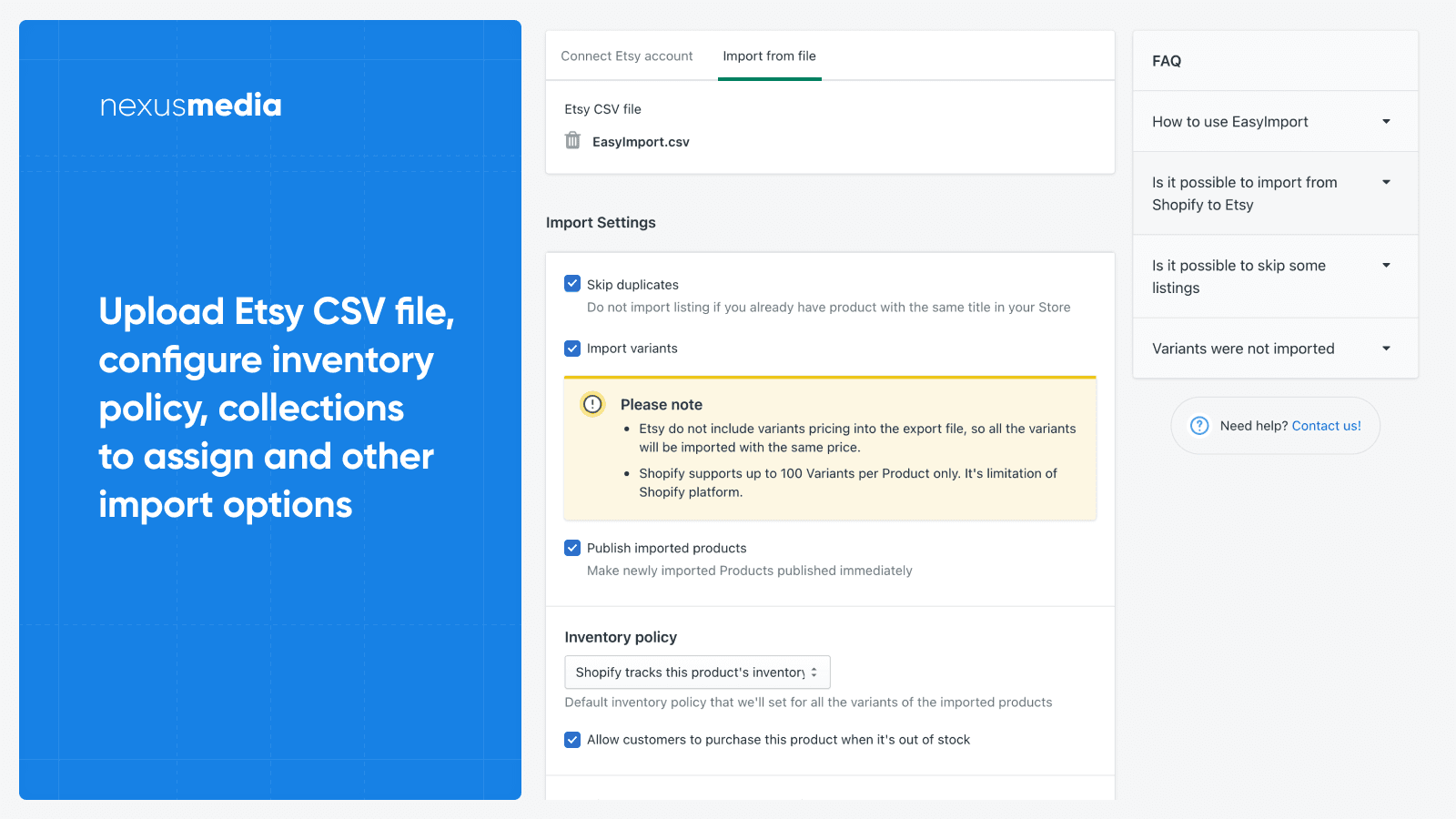 Upload Etsy CSV file and configure your import