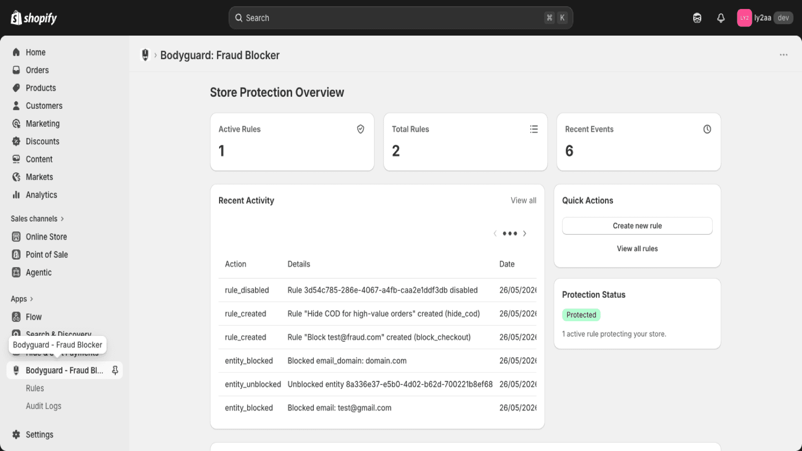 Bodyguard app dashboard with protection overview