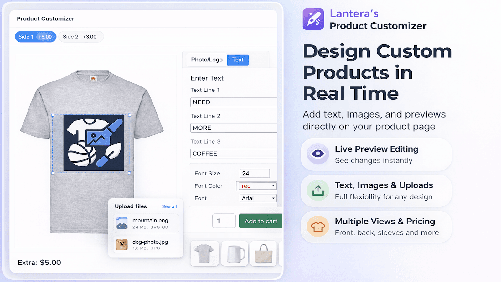 Product customizer with text, images, and live preview