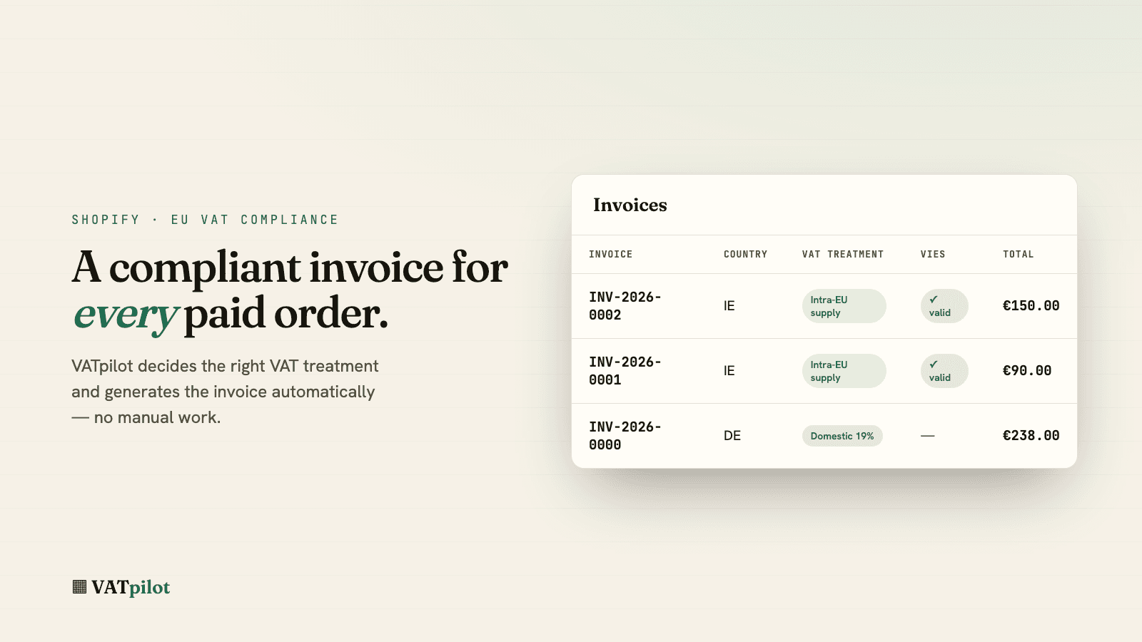 Invoices list with VAT treatment and VIES validation