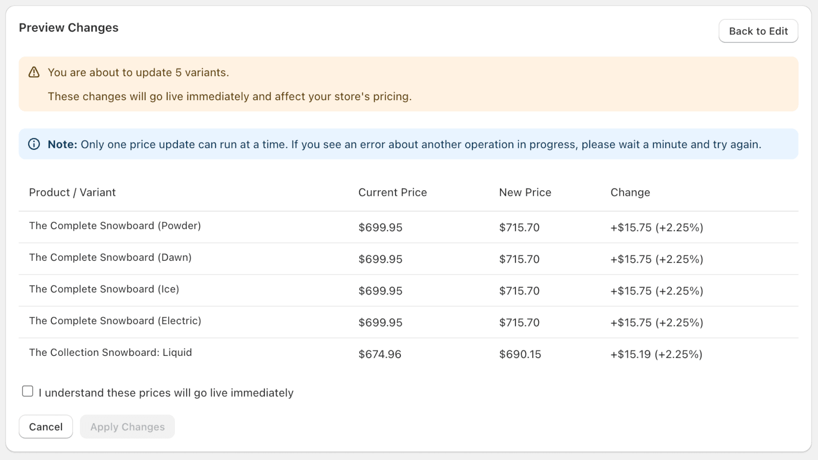 Preview of bulk price changes before applying updates