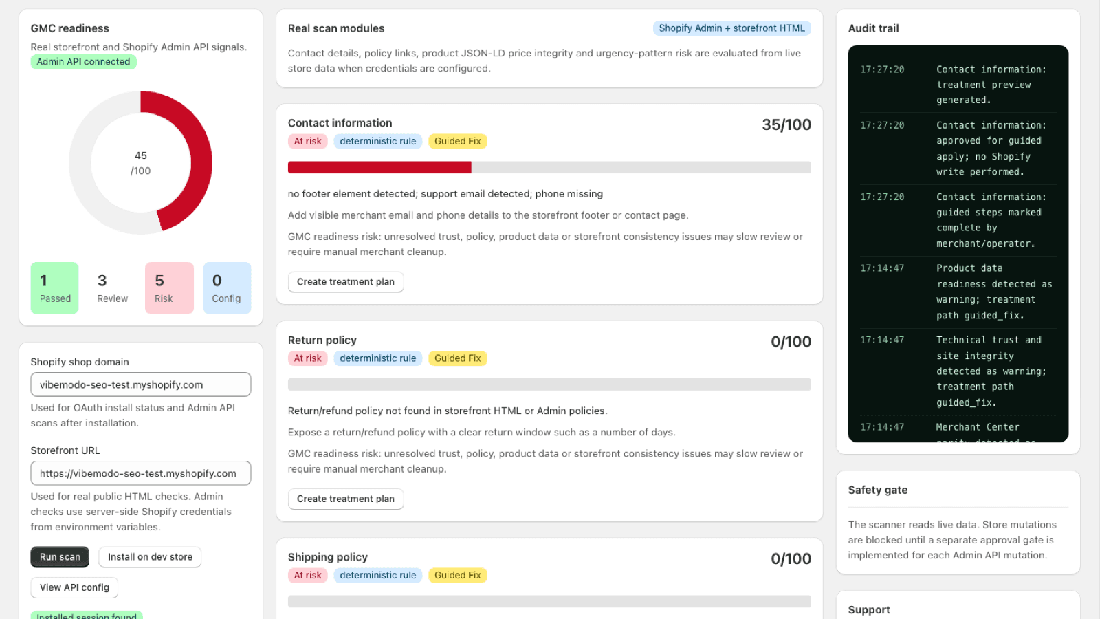 GMC readiness dashboard with findings and treatment plan