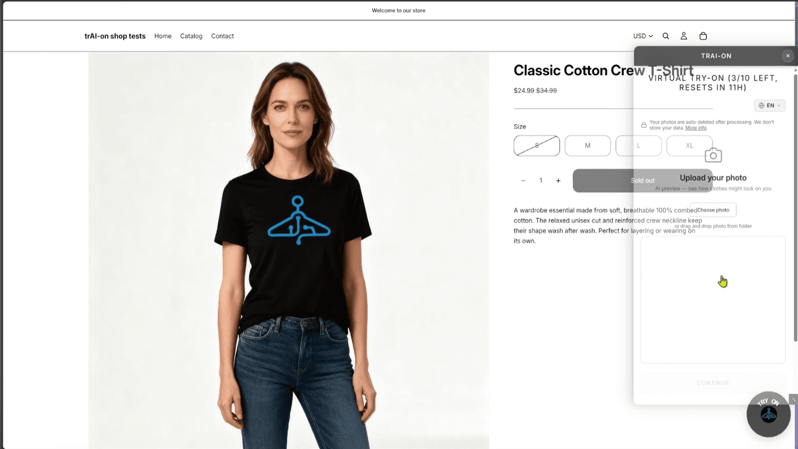 Virtual try-on widget open on a product page