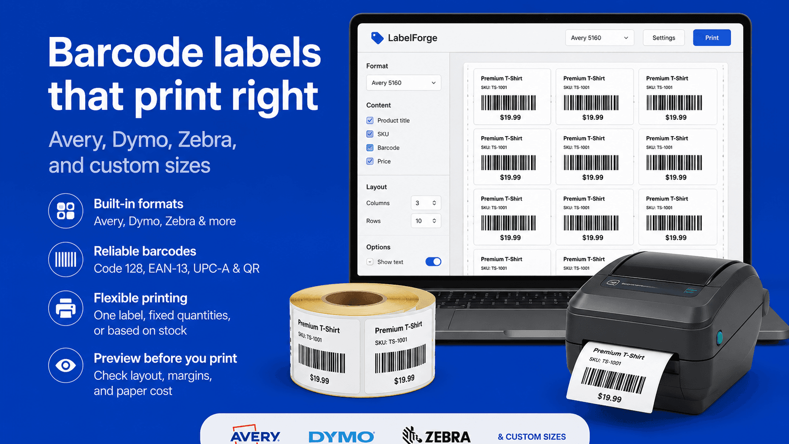 Barcode label printing preview for Shopify products