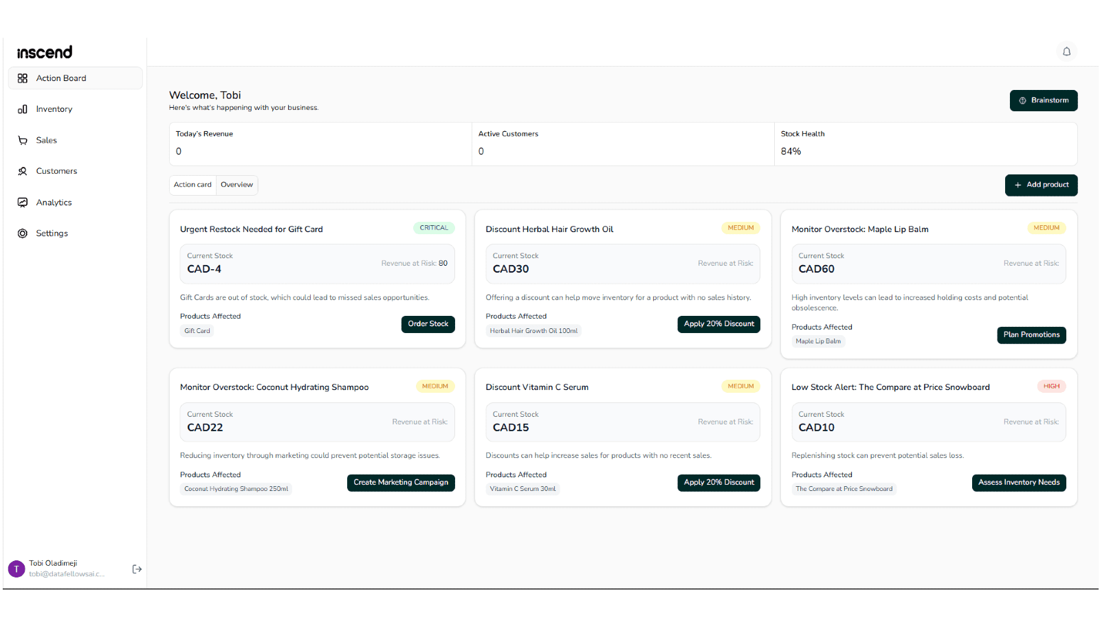 Inscend action board showing daily sales and inventory actions