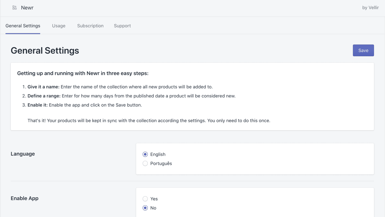 General settings view